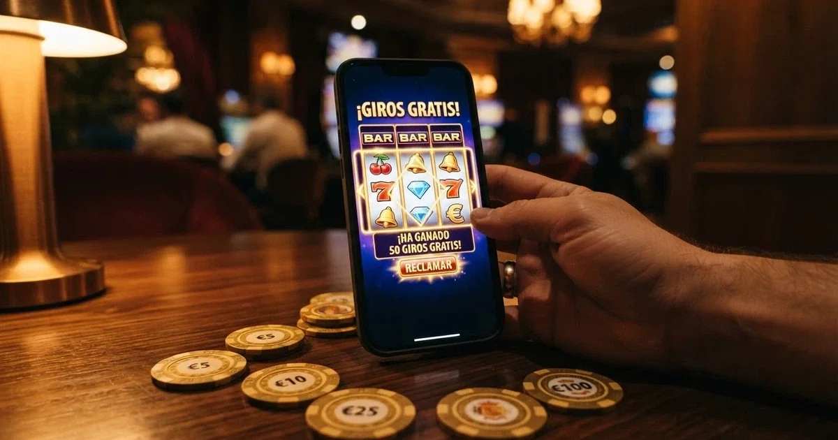 Un primer plano de una mano sujetando un móvil con una tragaperras colorida en pantalla, rodeada de fichas de casino doradas sobre una mesa oscura