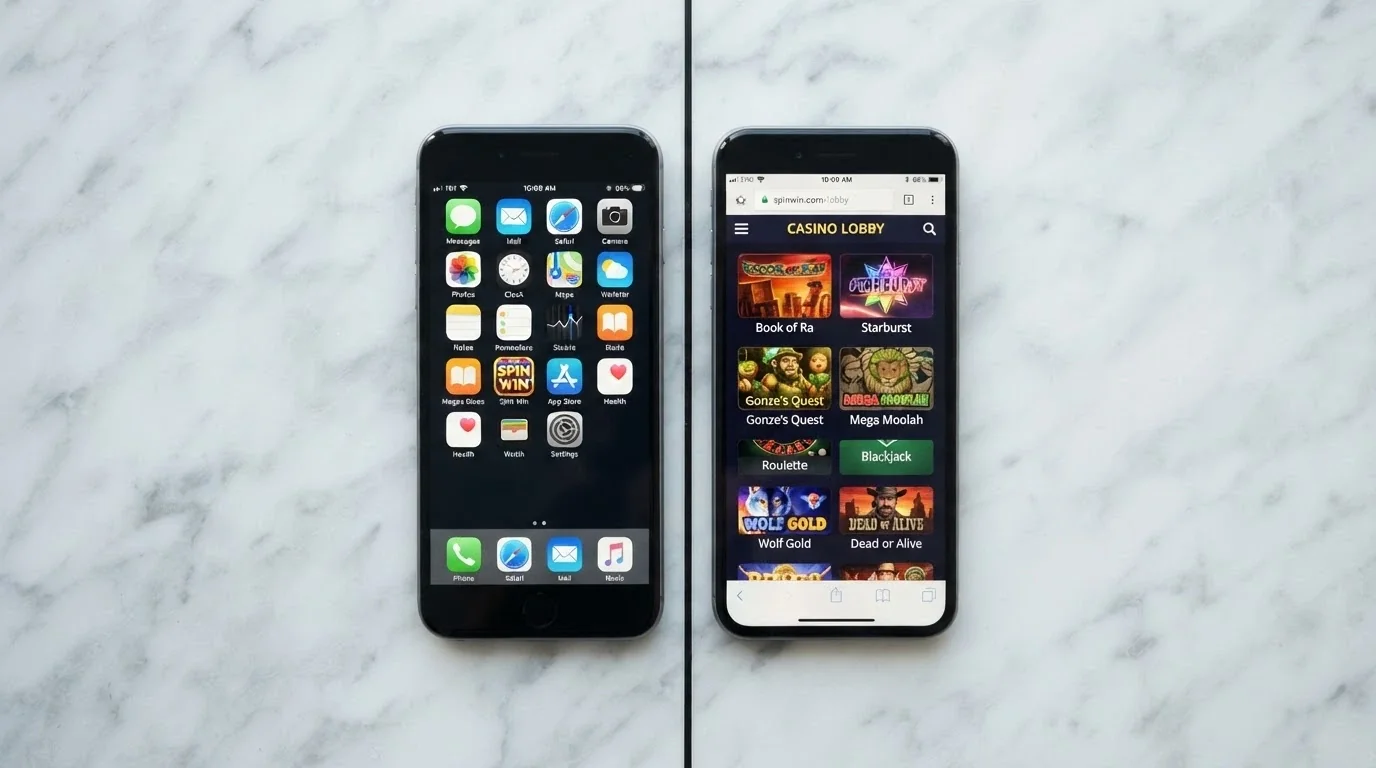 Pantalla dividida: a la izquierda el icono de una app de casino en la pantalla de inicio de un móvil, a la derecha el mismo casino cargado en el navegador