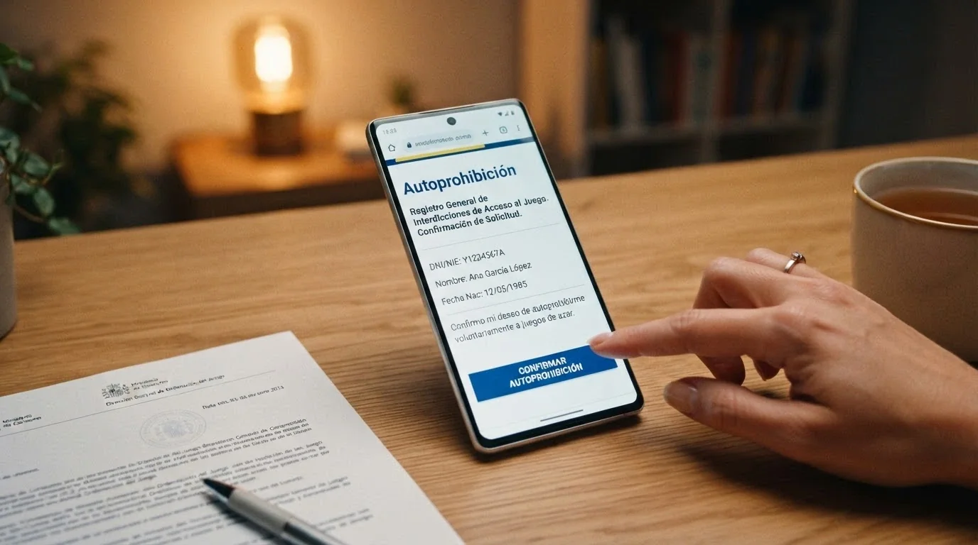 Un formulario web con el encabezado «Autoprohibición» y el logo de la DGOJ, junto a un teléfono móvil con el número 91 425 08 11 en pantalla