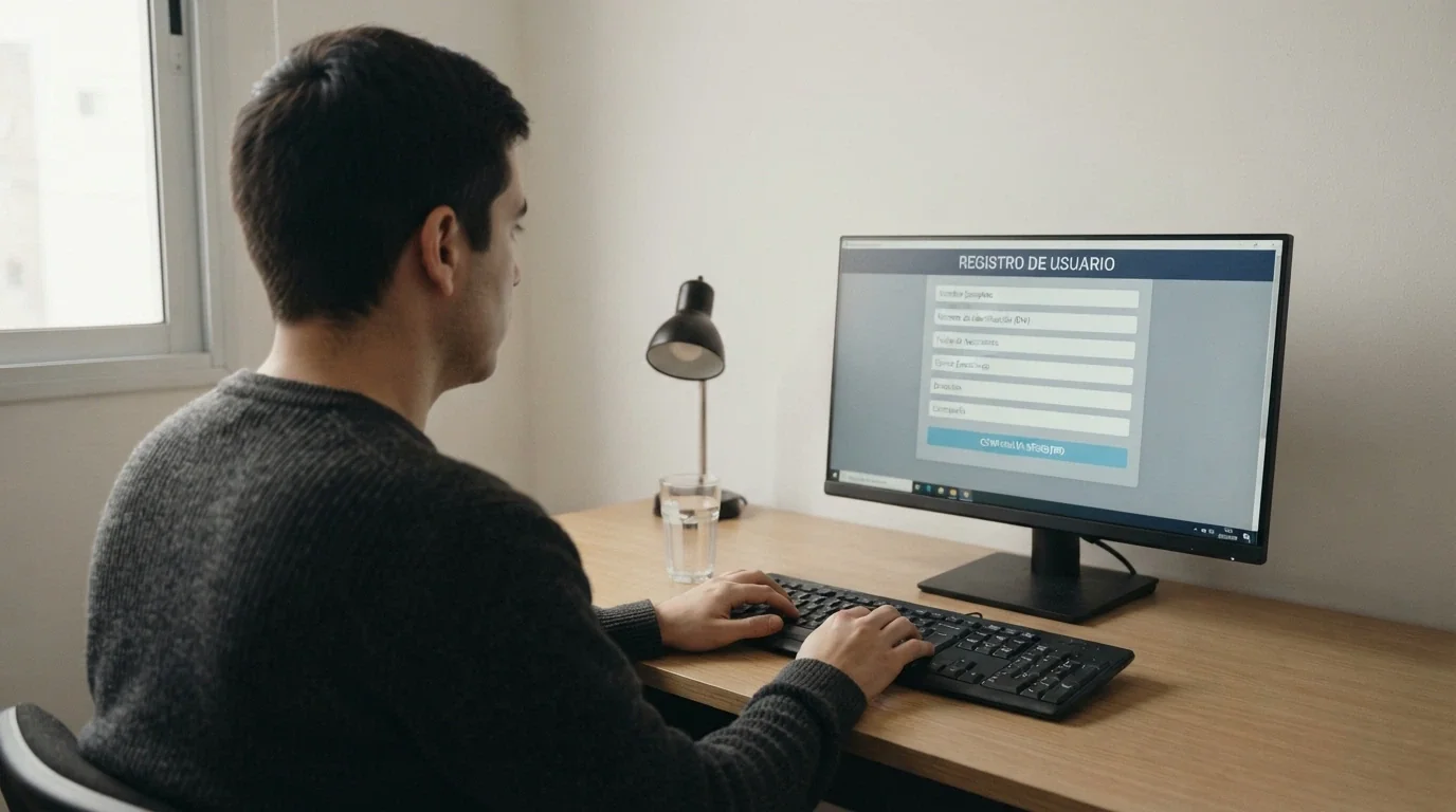 Una persona tecleando en un ordenador con una interfaz que sugiere un formulario de registro oficial, en tonos sobrios
