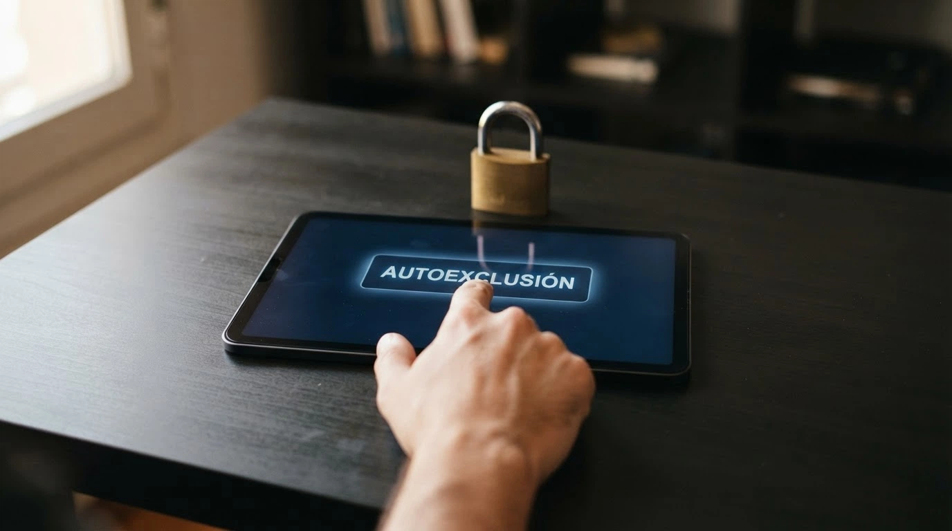 Una mano pulsando un botón digital con la palabra «autoexclusión» en la pantalla de la sede electrónica de la DGOJ, con un candado visible al fondo