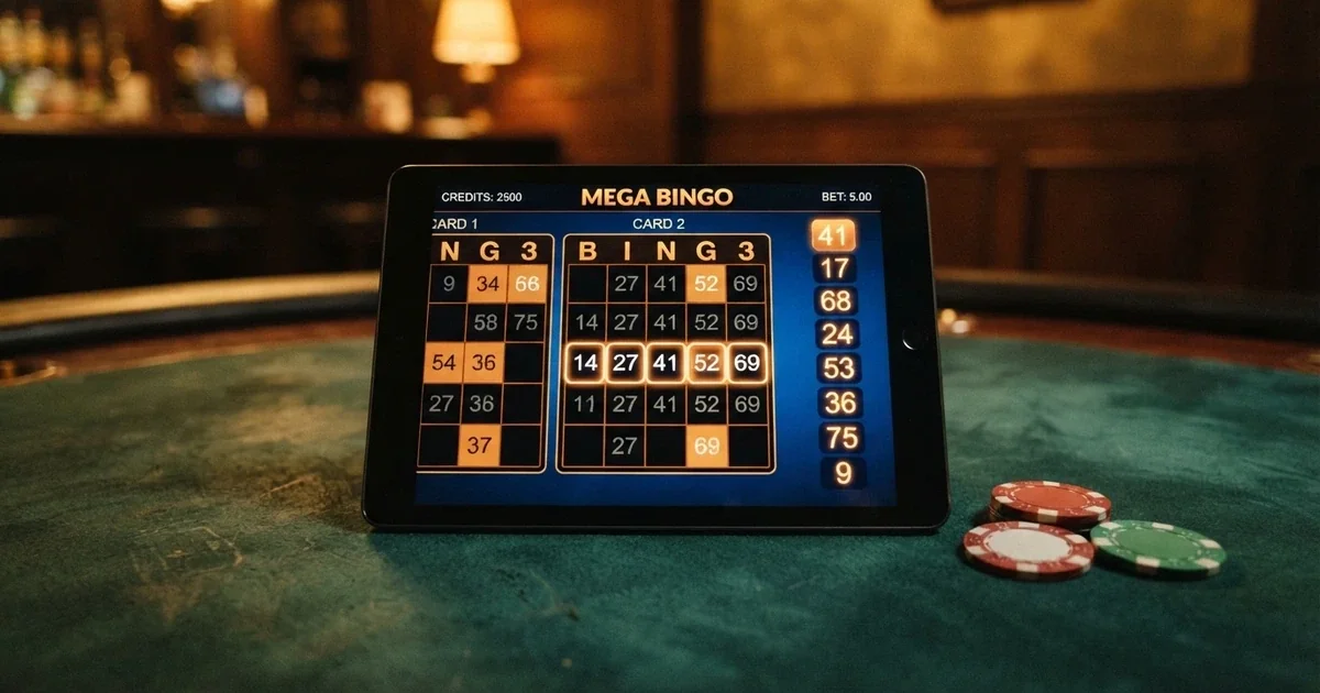 Pantalla de un casino online español mostrando una sala de bingo con cartones digitales y números en pantalla