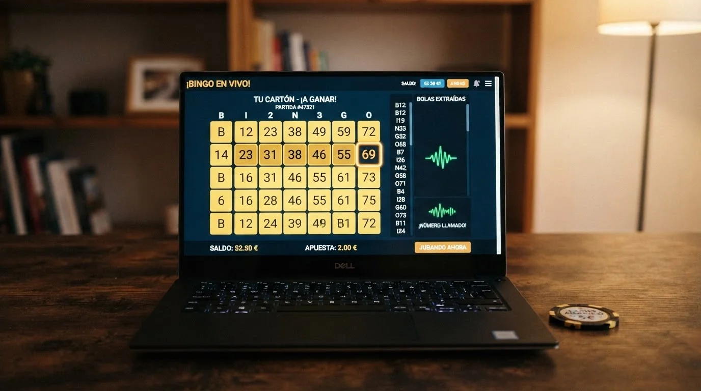 Sala de bingo virtual con interfaz de video bingo y marcador automático de números en un operador con licencia DGOJ
