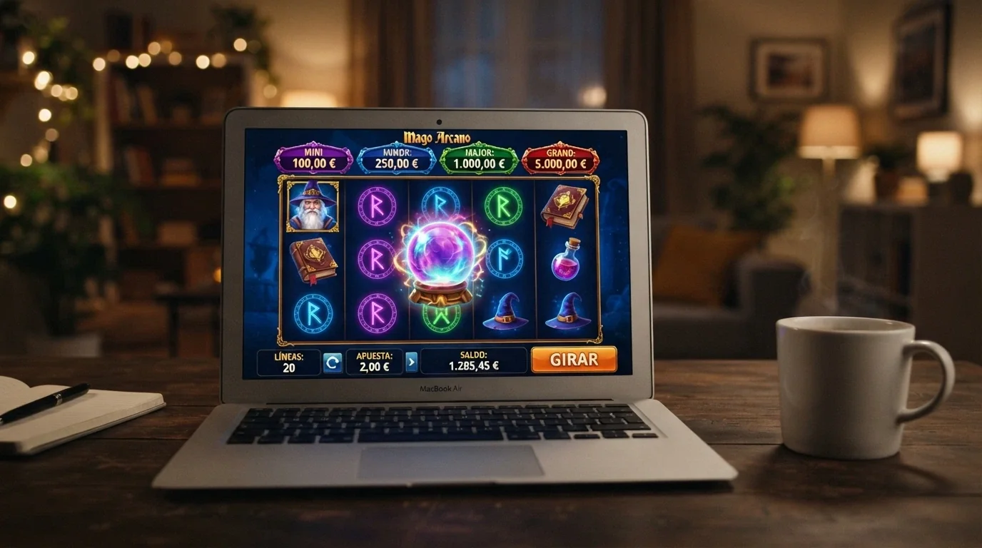 La slot Blue Wizard con su estética de hechicero, cinco rodillos y los valores de los cuatro jackpots fijos visibles sobre los carretes