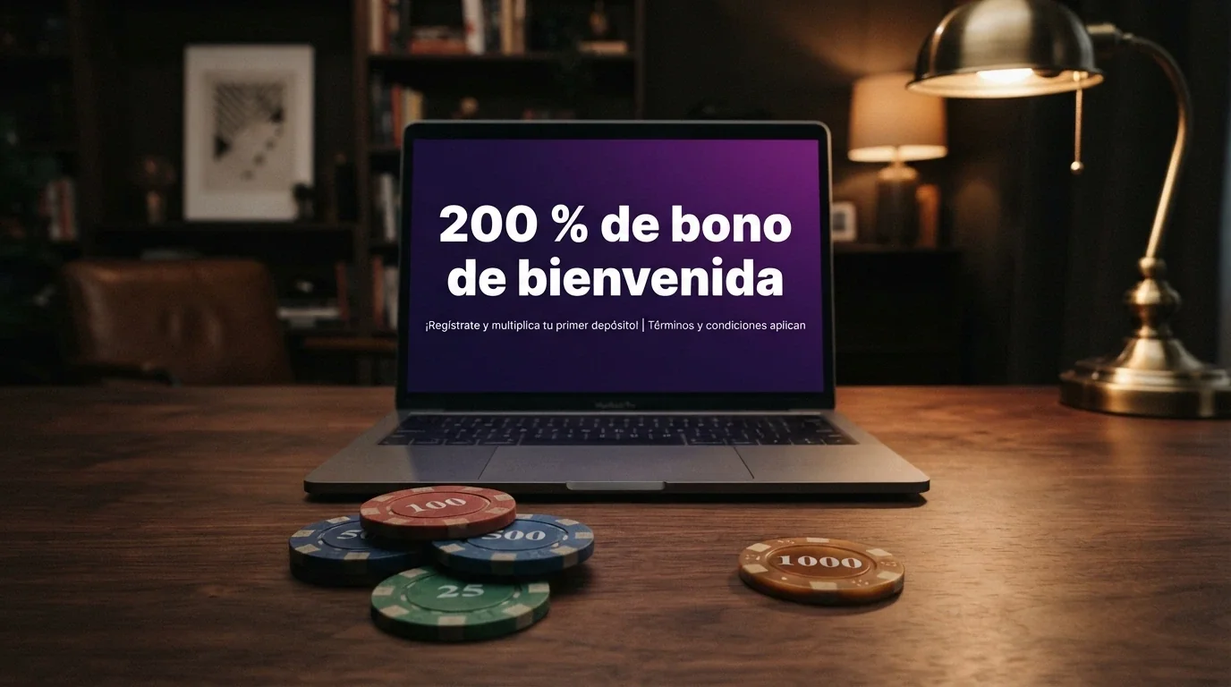 Pantalla promocional de un casino online con el texto «200 % de bono de bienvenida» y fichas de casino junto al logo de BNB