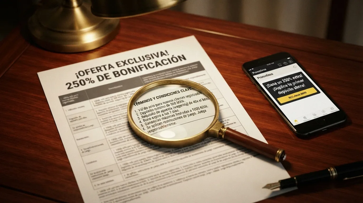 Primer plano de un contrato con lupa sobre la letra pequeña, junto a un móvil mostrando la pantalla de promociones