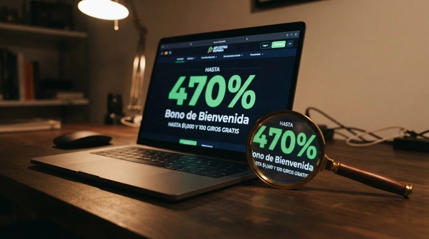 Primer plano de una pantalla con cifras de bono (470%) junto a una lupa que revela el multiplicador de wagering en letra pequeña