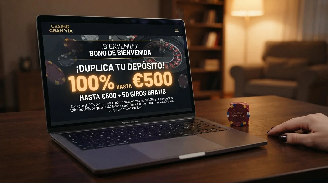 Pantalla promocional de un bono de bienvenida de casino online con el porcentaje, el importe máximo y las condiciones en letra pequeña