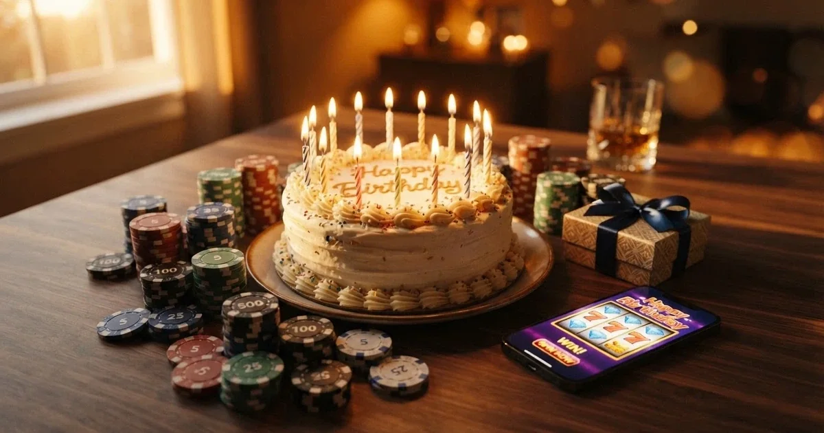 Pastel de cumpleaños sobre una mesa con fichas de casino, una tarjeta regalo y un móvil mostrando la pantalla de un casino online en español