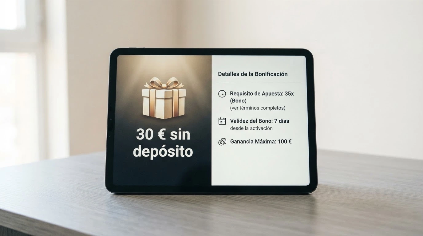 Una pantalla dividida muestra a la izquierda el icono de un regalo con el texto «30 € sin depósito» y a la derecha las condiciones de rollover y validez
