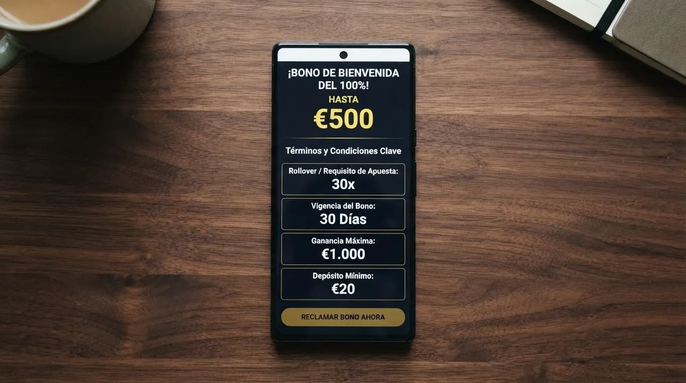 Pantalla de condiciones de un bono de bienvenida en un casino online español, con el importe, el rollover y el plazo destacados