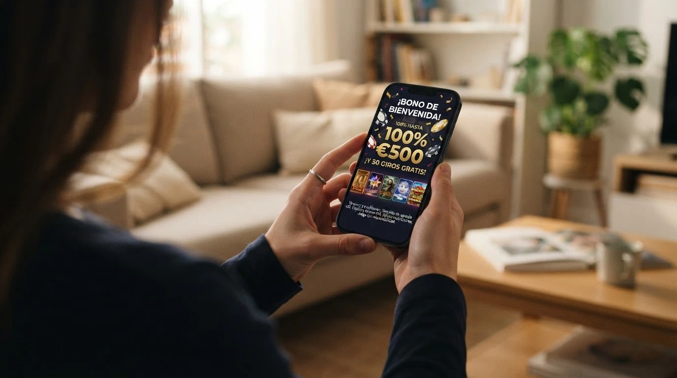 Captura de una oferta de bono de bienvenida en un casino online español con las condiciones de rollover visibles en pantalla