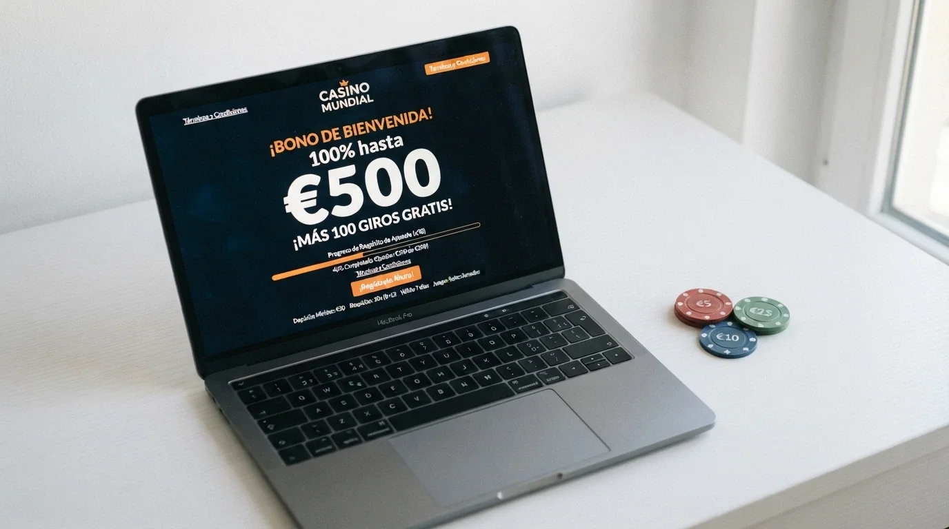 Pantalla de promoción de bienvenida de un casino online español con el importe del bono destacado