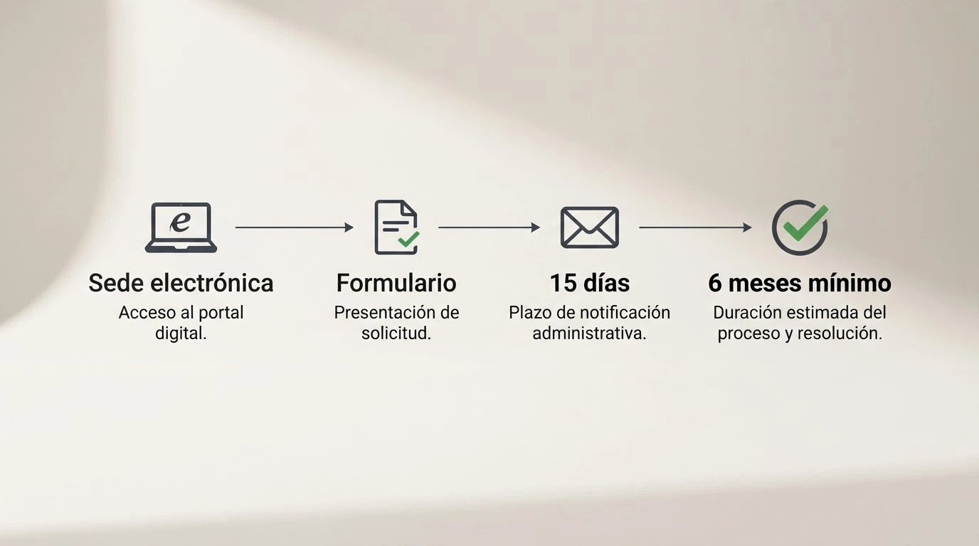 Esquema visual del recorrido administrativo: sede electrónica DGOJ, formulario, carta de confirmación a los 15 días, desbloqueo tras 6 meses