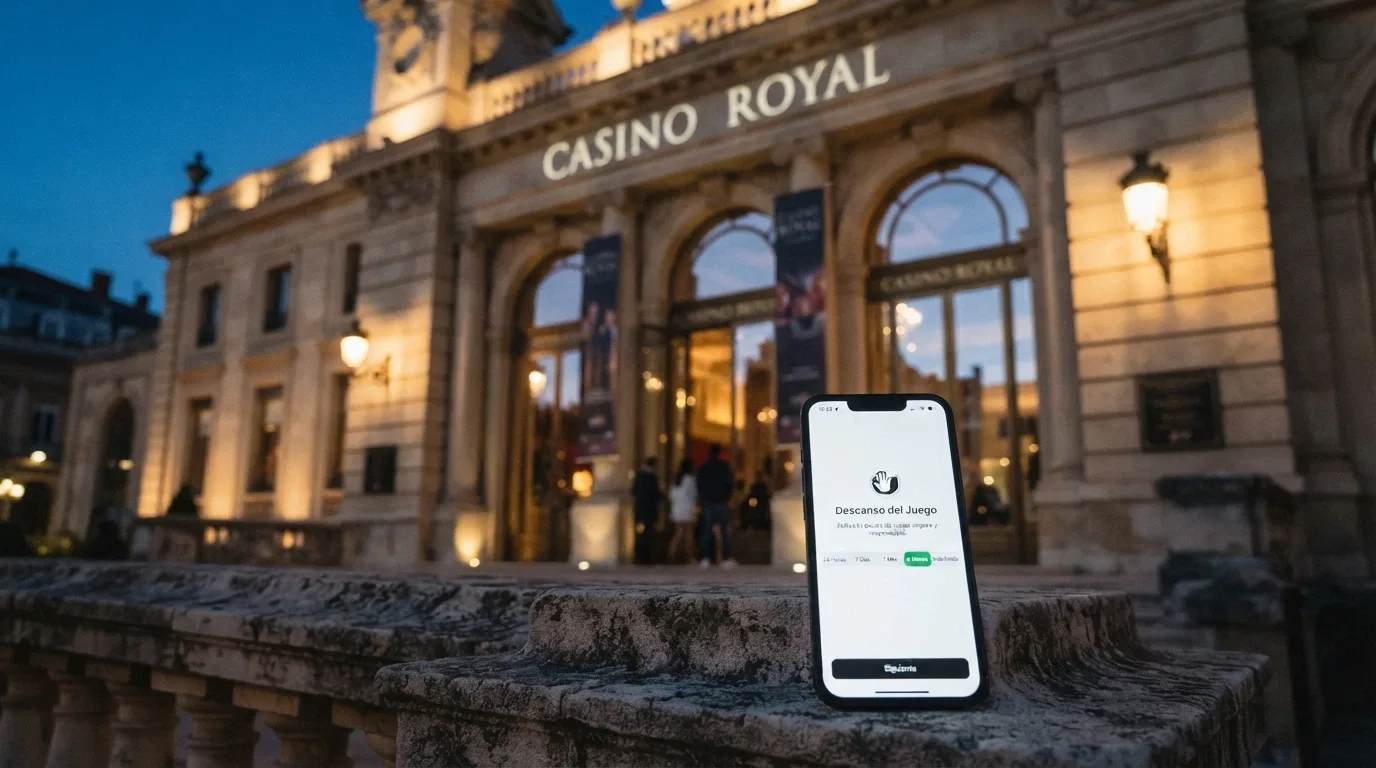 Fachada del Casino Barcelona con un dispositivo móvil en primer plano mostrando la pantalla «Descanso del Juego»