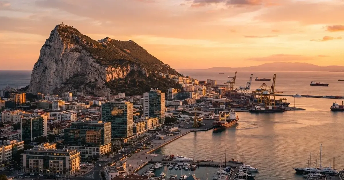 El peñón de Gibraltar al atardecer con el puerto y edificios modernos al fondo, sugiriendo el centro financiero y de juego