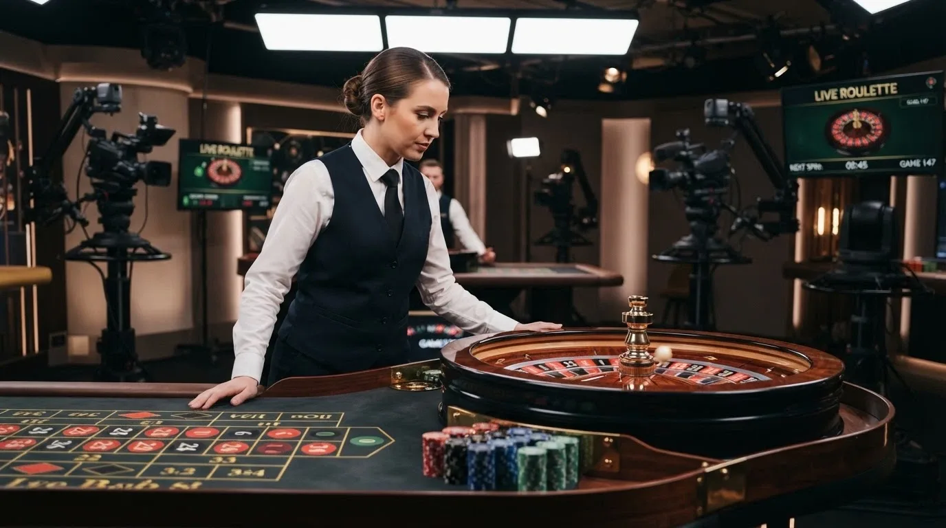Crupier profesional en directo frente a una mesa de ruleta de Evolution Gaming