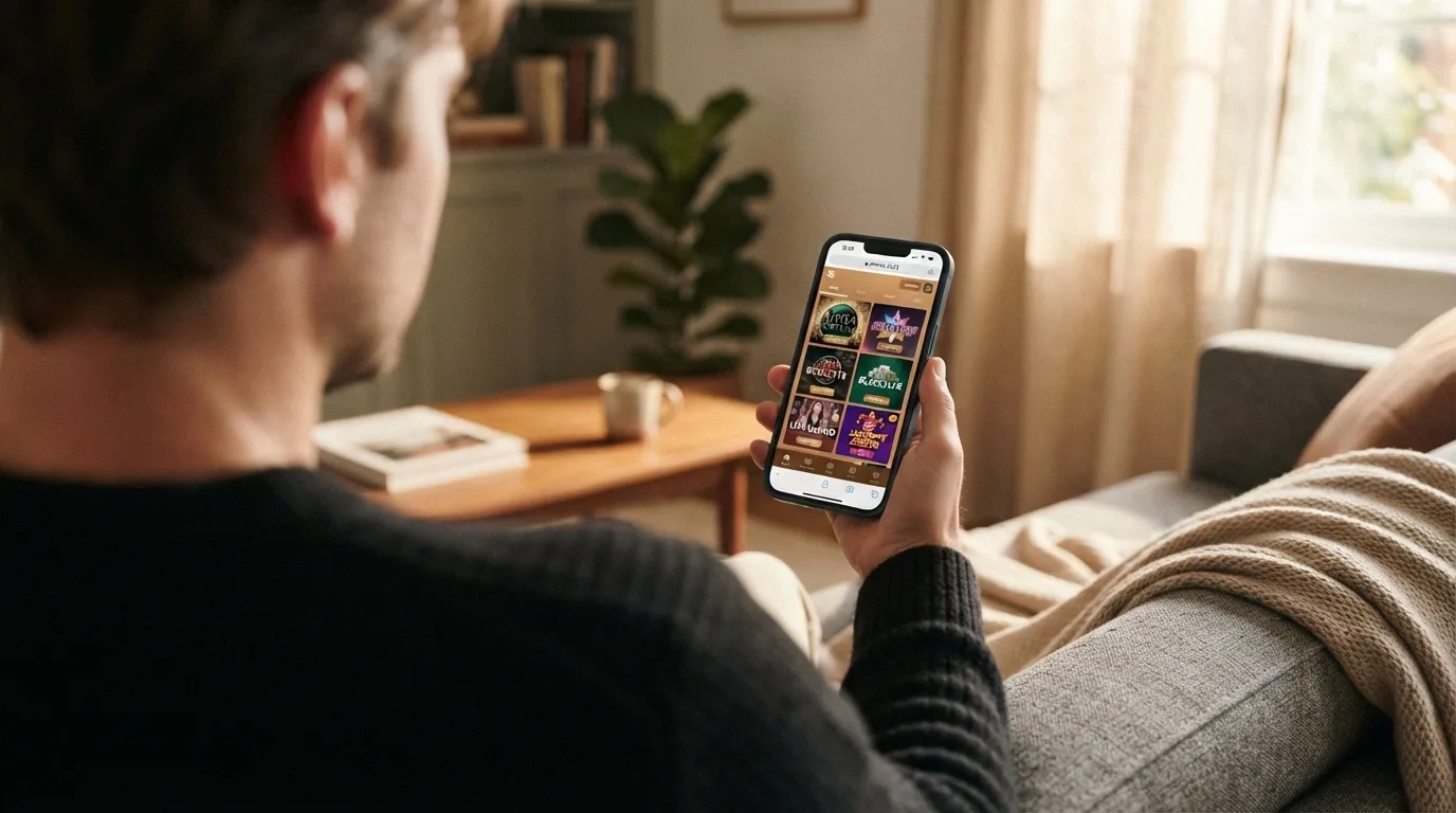 Jugador sosteniendo un iPhone con un casino online abierto en el navegador móvil