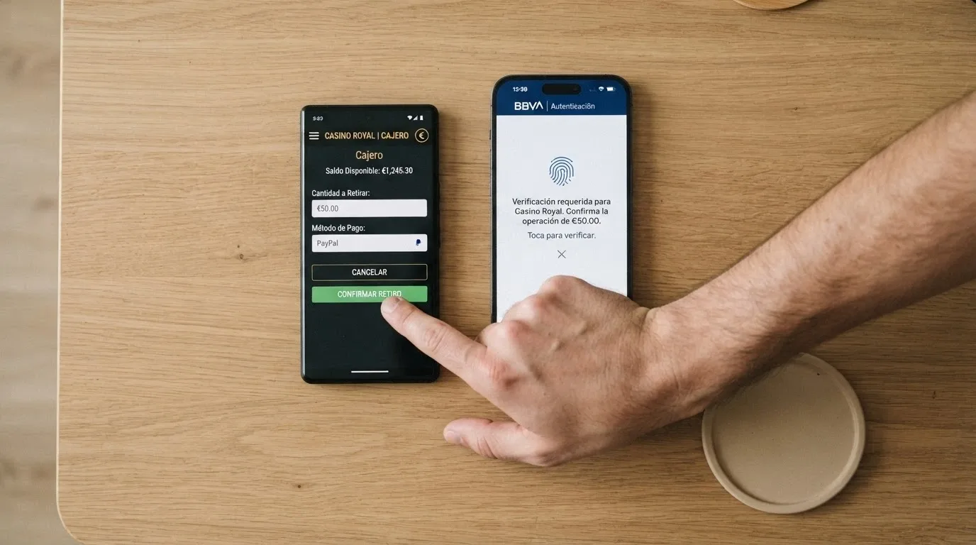 Teléfono móvil mostrando la pantalla de depósito de un casino online junto a la app de CaixaBankNow abierta para autorizar el pago