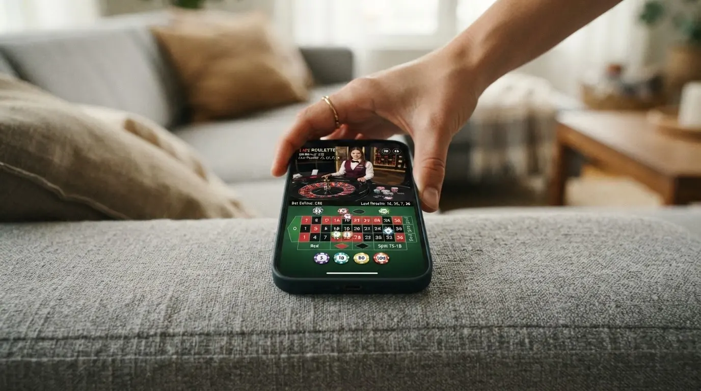 Teléfono móvil mostrando una mesa de ruleta en vivo de Evolution Gaming