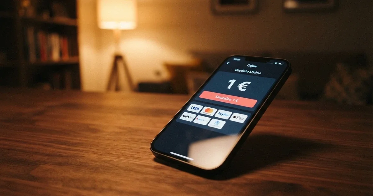 Pantalla de un casino online español con licencia DGOJ mostrando la sección de depósito y el importe mínimo de 1€ junto a los métodos de pago disponibles.