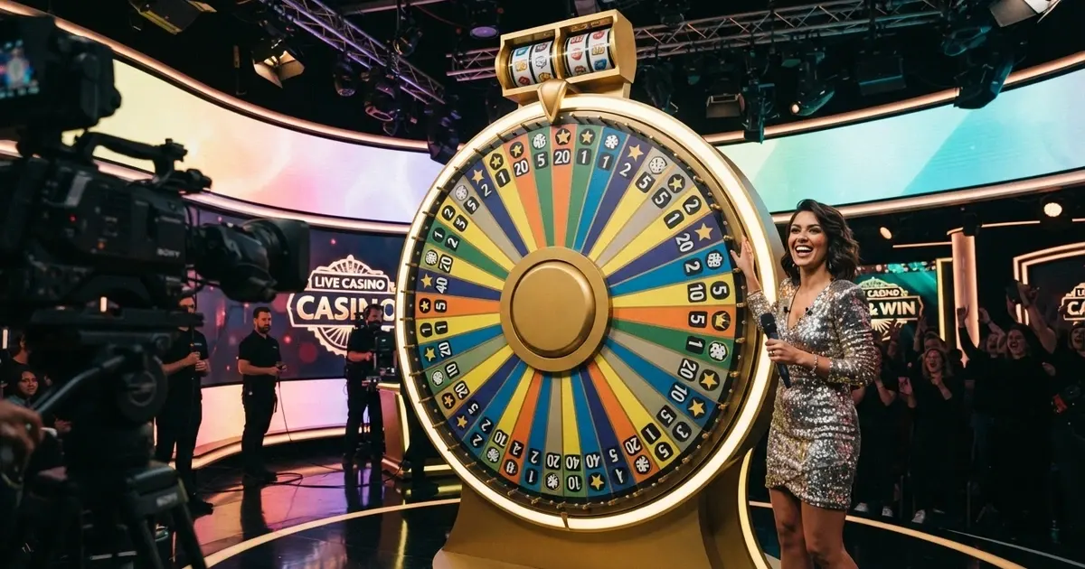 Una rueda de Crazy Time en primer plano dentro de un estudio de casino en vivo con luces, pantallas y un crupier sonriente
