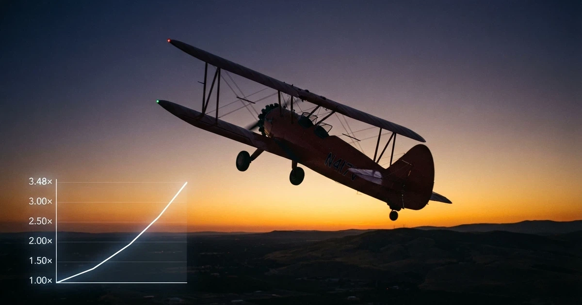 Avión rojo despegando sobre un multiplicador creciente en la interfaz del juego Aviator de Spribe