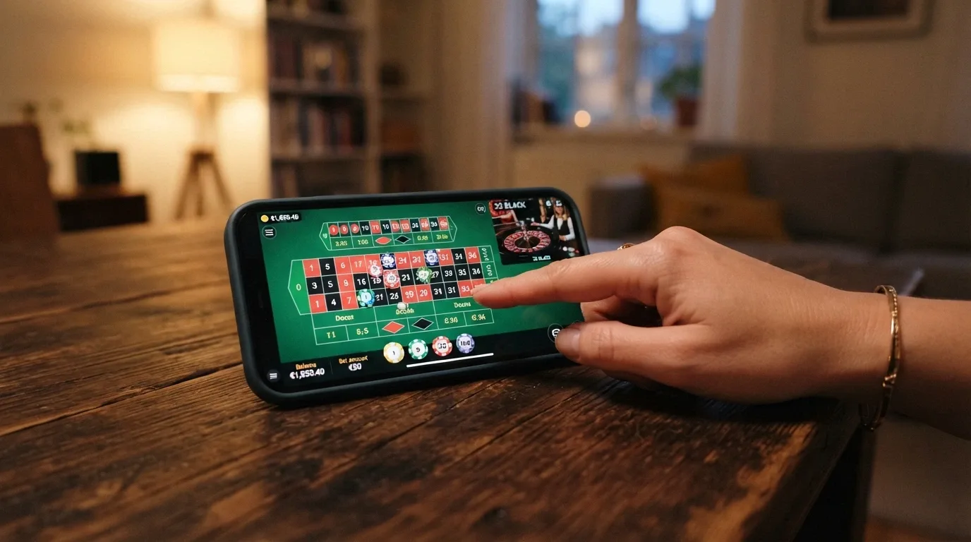 Un teléfono móvil en horizontal mostrando una mesa de ruleta en vivo en streaming HD, con la interfaz táctil de apuestas superpuesta y los botones de fichas visibles
