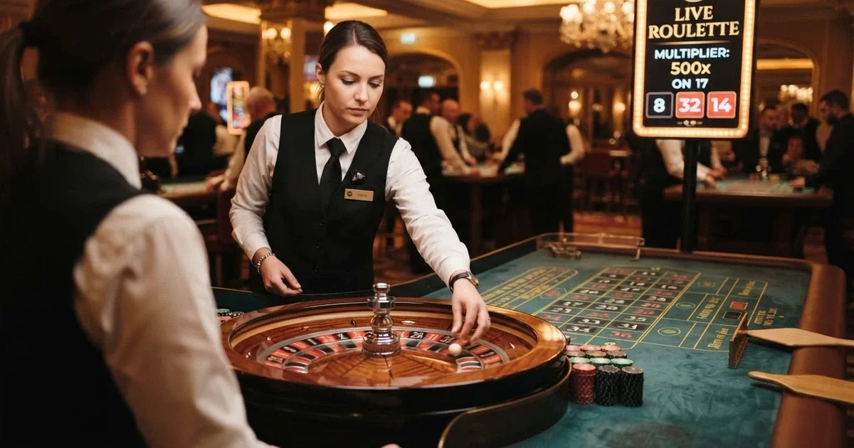 Una mesa de ruleta en vivo con un crupier real frente a la cámara, en un estudio de casino con iluminación cálida y pantalla de multiplicadores Lightning visible