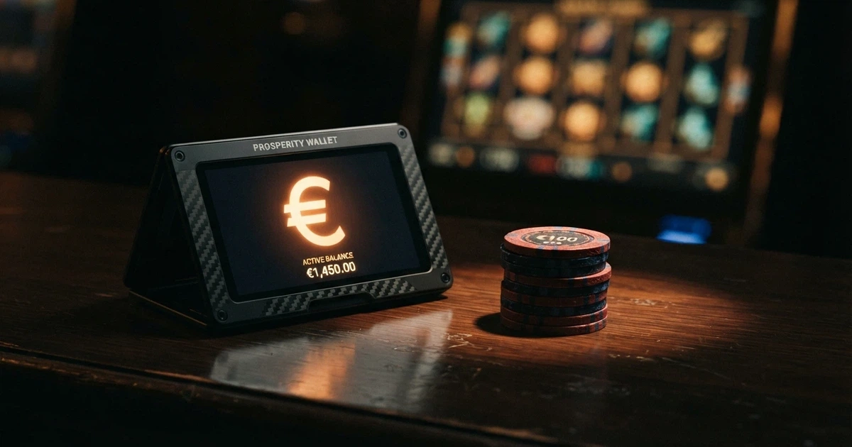 Cartera digital con fichas de póker y monedas de Bitcoin sobre un fondo oscuro con el brillo de una pantalla de casino