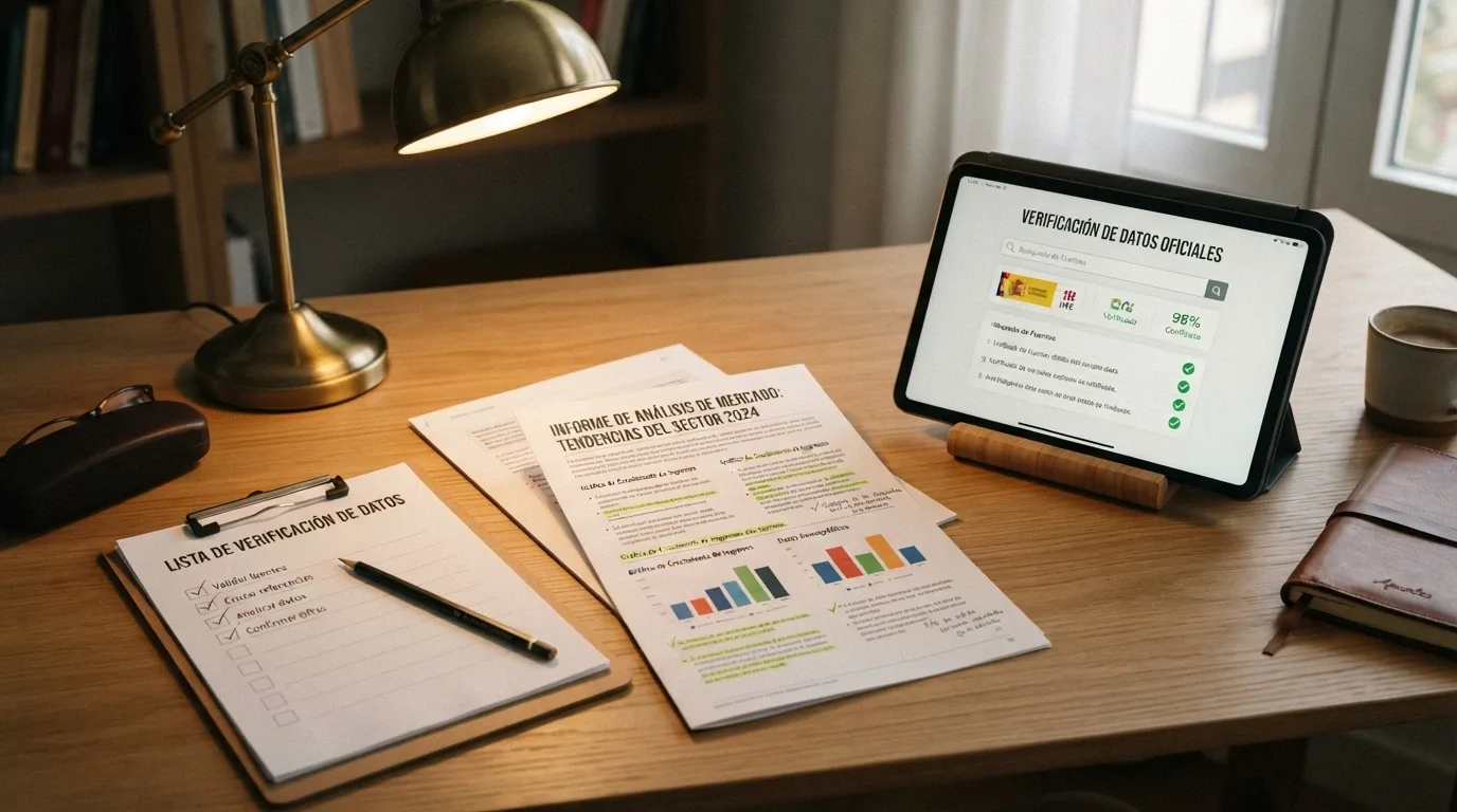 Un escritorio con un informe abierto, una tableta mostrando el registro de la DGOJ y una lista de verificación con los criterios de evaluación