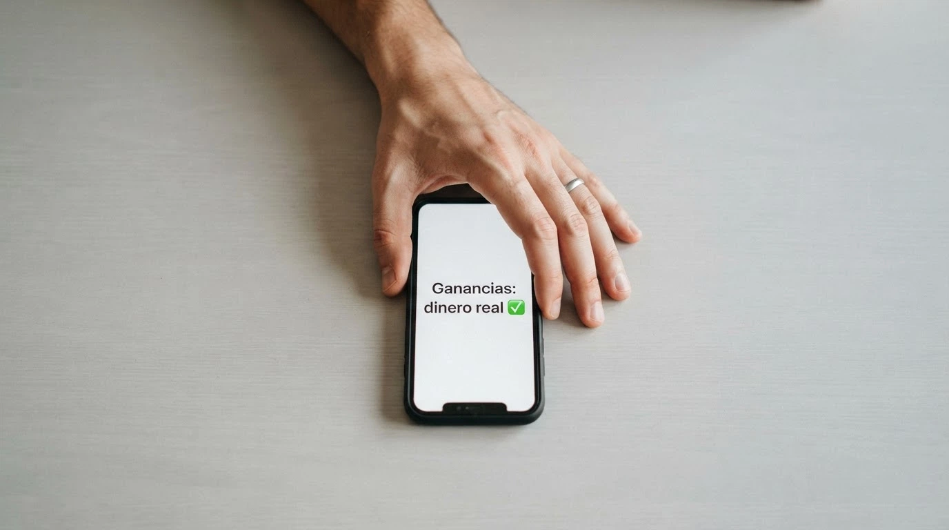 Una mano sostiene un móvil donde la pantalla muestra «ganancias convertidas en dinero real» sin pasos intermedios de apuesta.