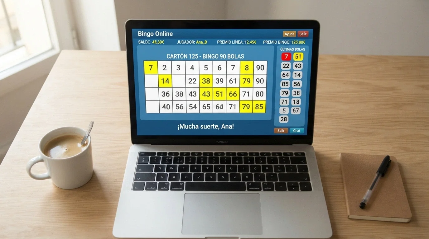 Interfaz de bingo online con un cartón de 90 bolas y el marcador digital de números extraídos