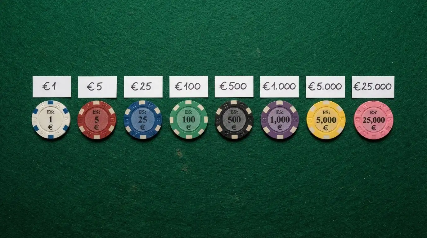 Vista cenital de una mesa con varias fichas de casino de distintos colores, cada una con el logotipo de un operador español y una pequeña tarjeta al lado con una cifra en euros
