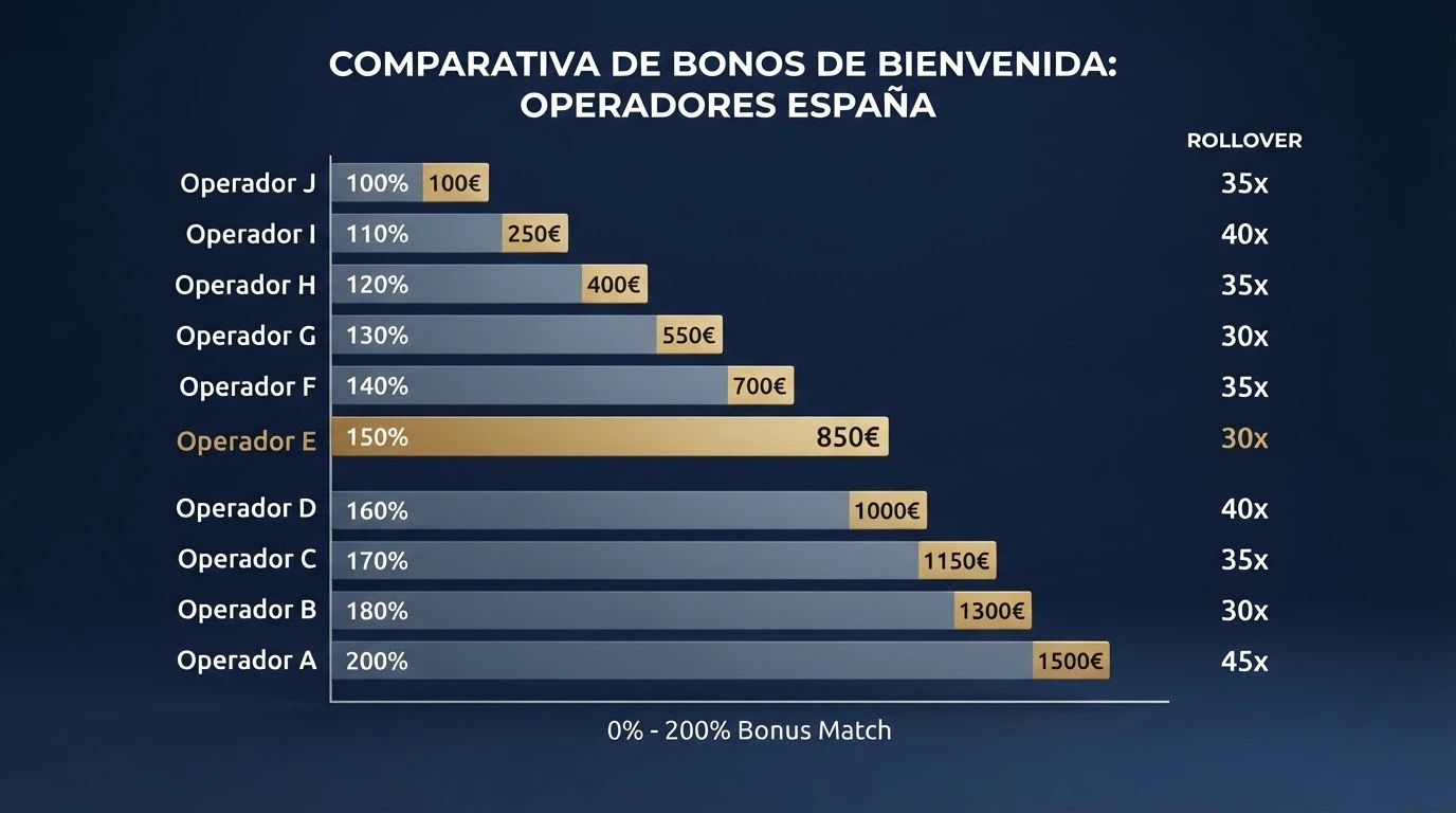 Pantalla partida con fichas de varios casinos online españoles mostrando sus condiciones de bienvenida