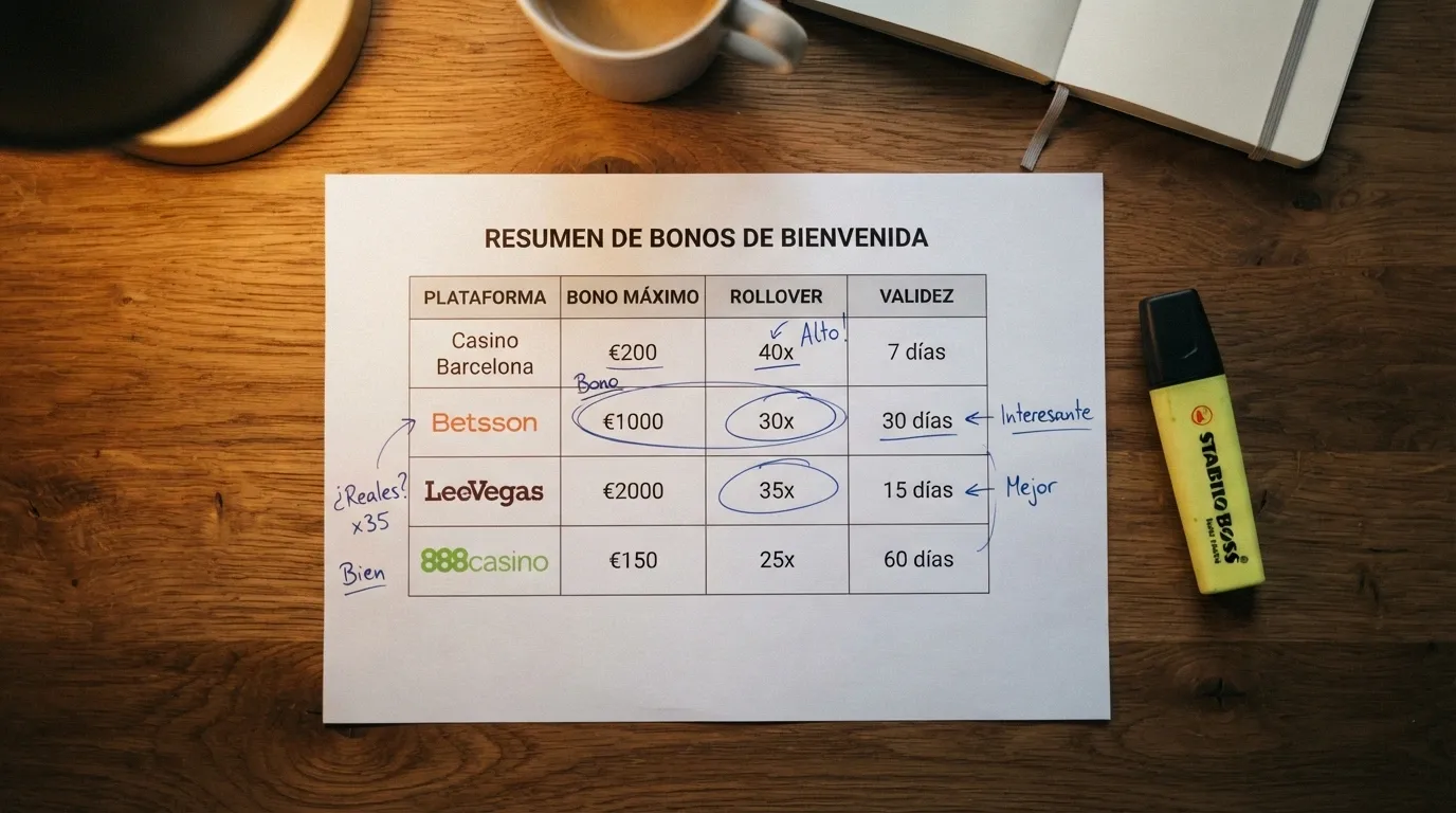 Una tabla comparativa impresa con los nombres y condiciones de seis casinos españoles, marcada con anotaciones a mano y subrayados