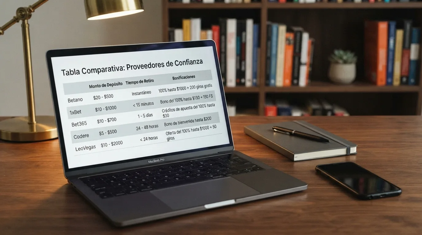 Tabla comparativa de operadores con Apple Pay con columnas de depósito mínimo, retirada, bono y licencia DGOJ