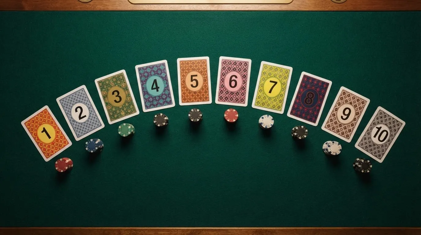 Vista cenital de una mesa con diez cartas de casino boca arriba, cada una con el logotipo de un operador, dispuestas como una clasificación