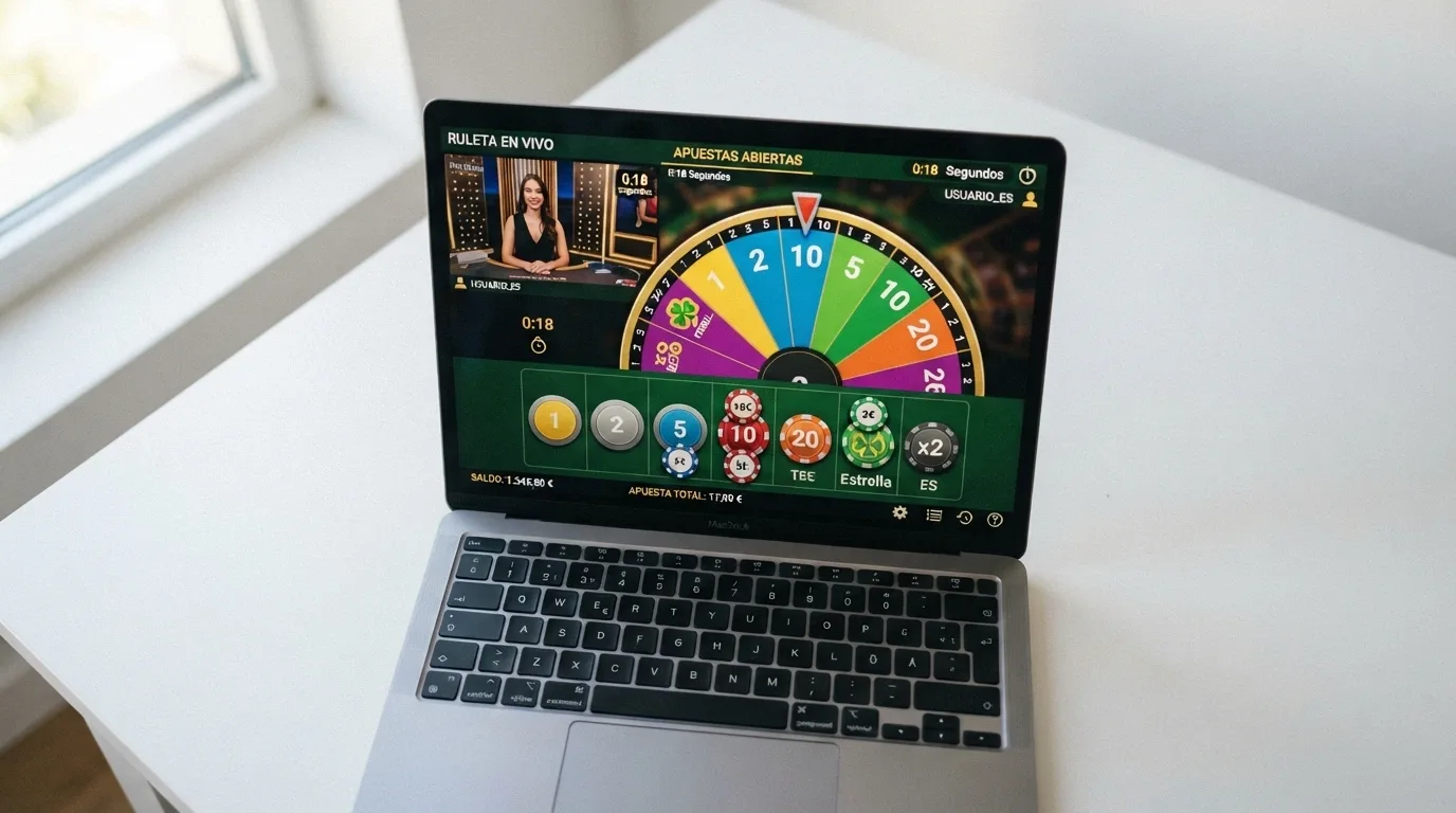 Pantalla de un casino online español mostrando la interfaz de apuestas de Crazy Time con fichas sobre los segmentos