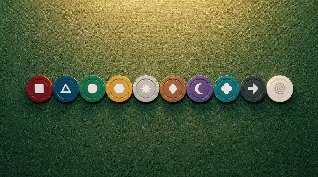 Diez fichas de póker apiladas, cada una con el logo de una criptomoneda distinta, sobre un tapete verde con reflejos dorados