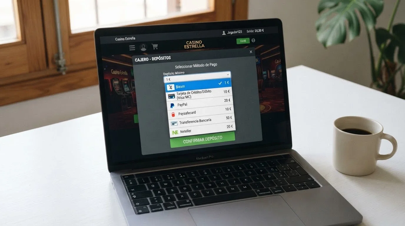 Interfaz de un casino online con el desplegable de métodos de pago y los importes mínimos visibles junto a Bizum, tarjeta y PayPal.