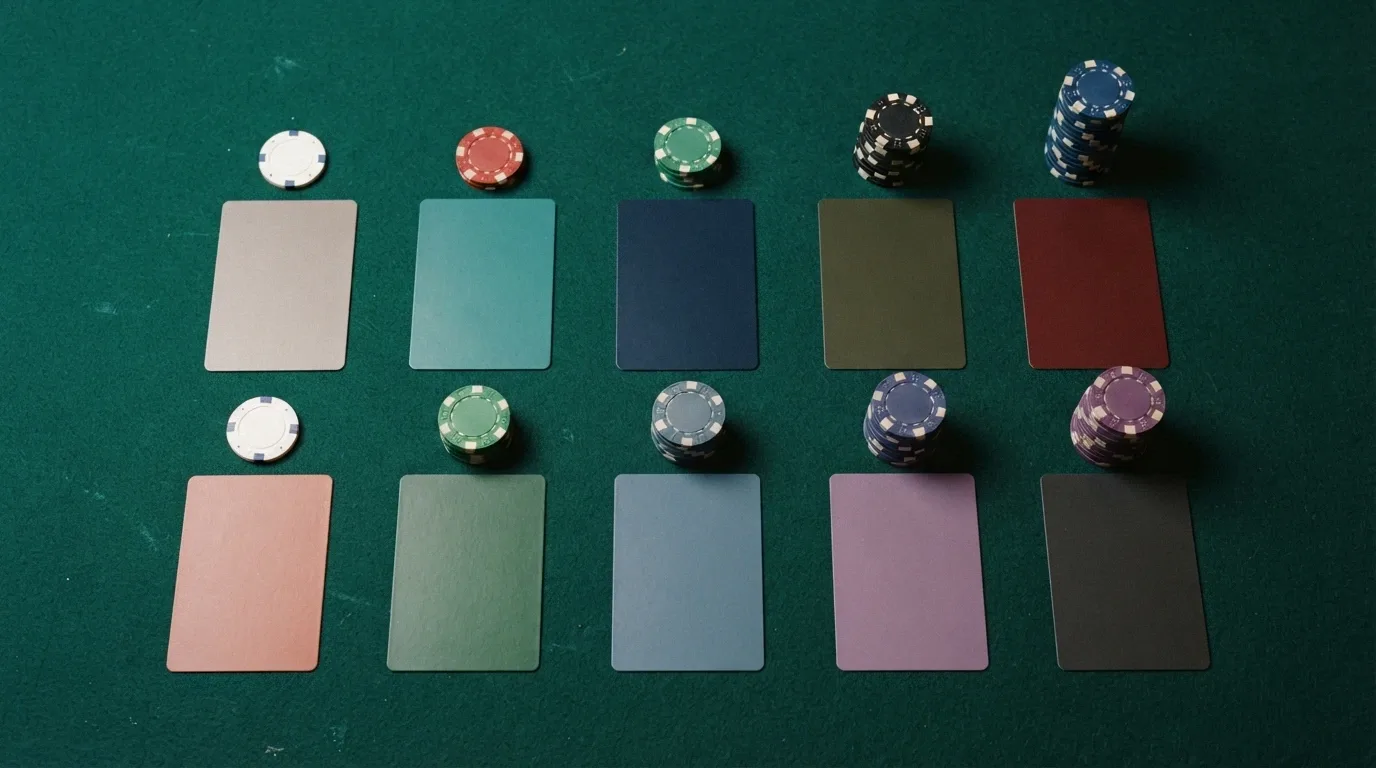 Una vista cenital de una mesa con diez cartas de casino alineadas, cada una con el nombre de un operador diferente y un número distinto de fichas