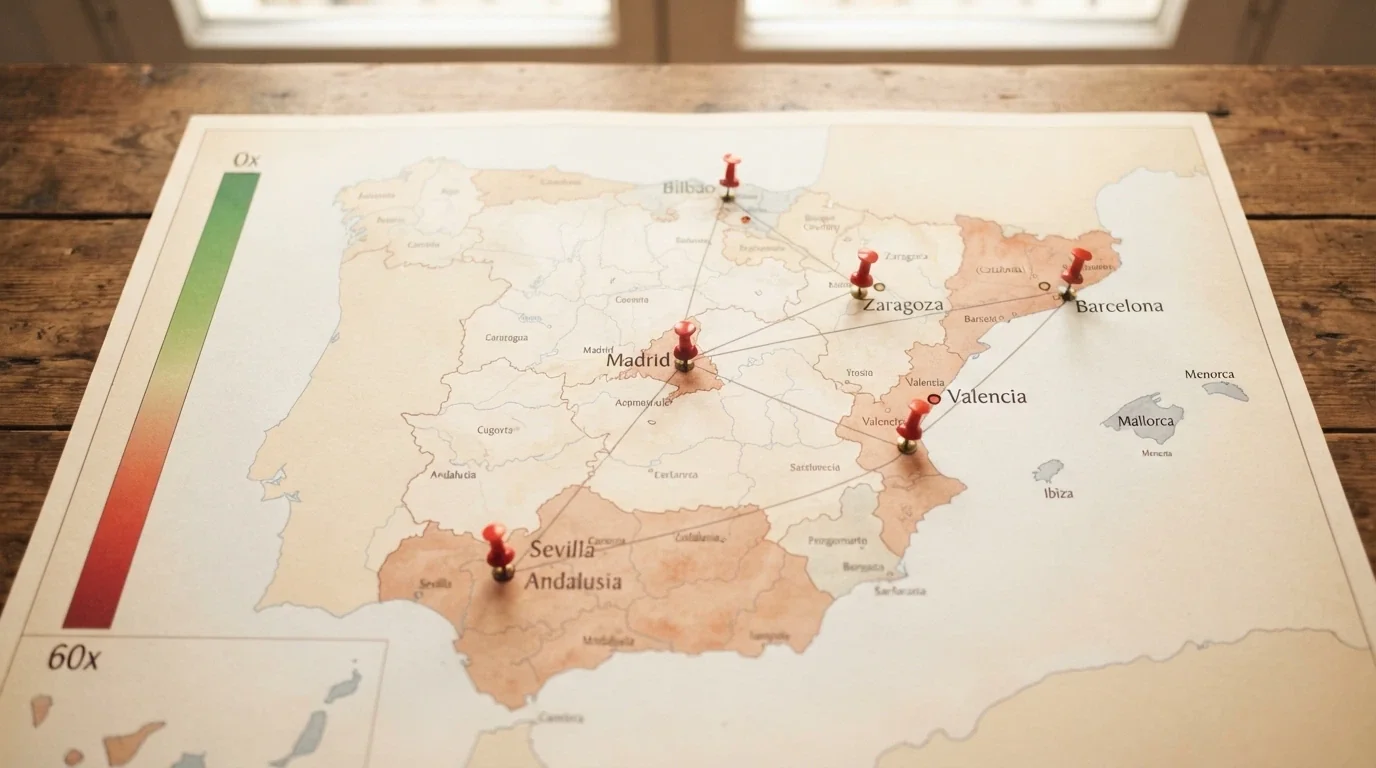 Un mapa de España con chinchetas sobre las ciudades donde operan los casinos con licencia DGOJ analizados, conectadas por una escala de rollover de 0x a 60x.
