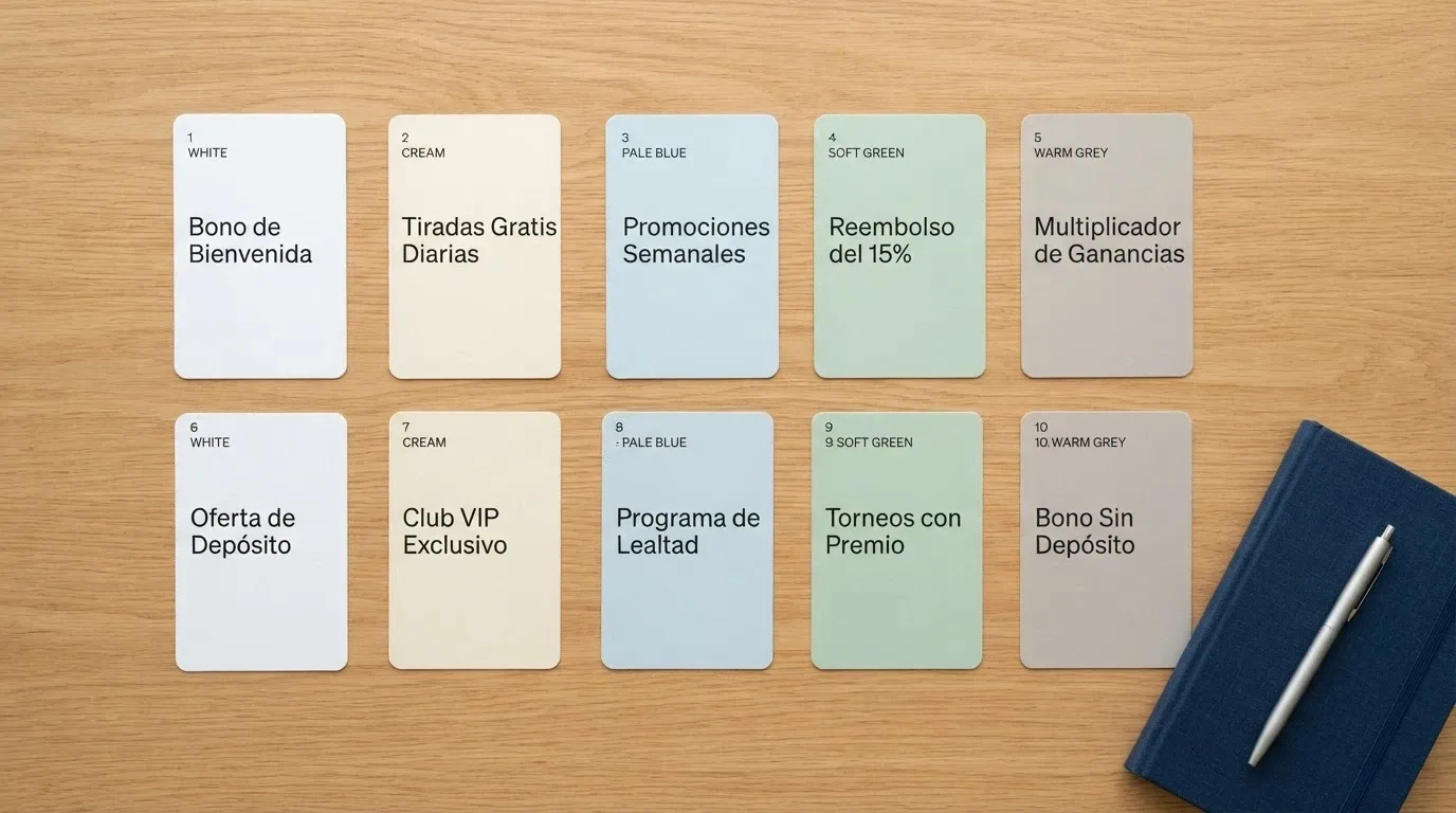 Vista cenital de una mesa con diez tarjetas ordenadas, cada una con el nombre de un operador y su oferta de giros gratis