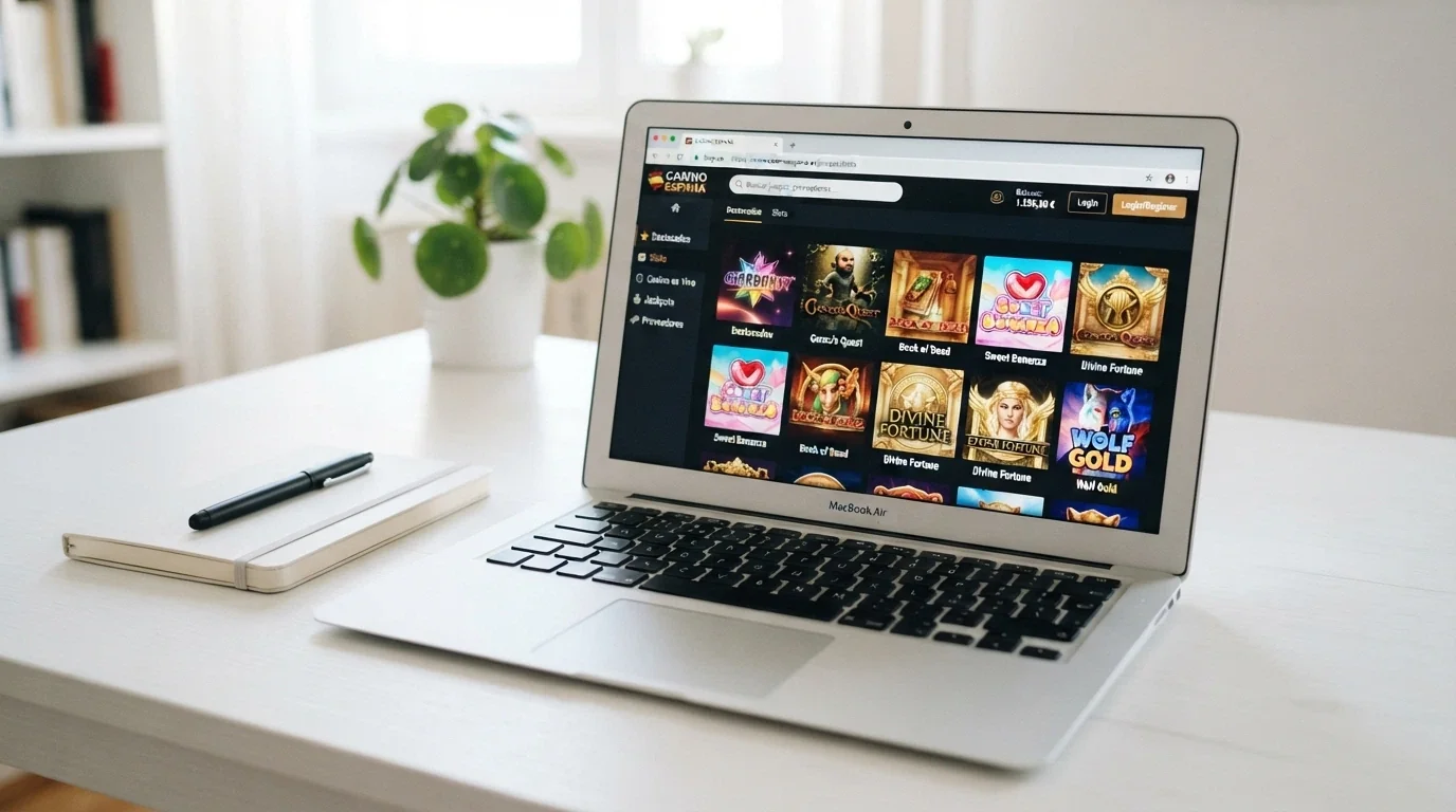 Interfaz de un casino online español con licencia DGOJ mostrando su sección de tragaperras Fire Blaze y el distintivo .es en la URL