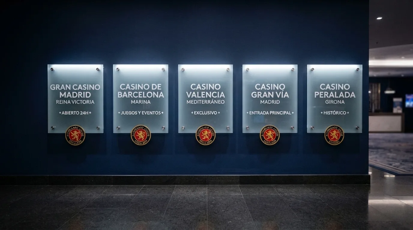 Fila de cinco logotipos de casinos con licencia DGOJ —Casino Barcelona, Casino777, LeoVegas, JokerBet y Retabet— alineados sobre un fondo azul corporativo con el texto «Licenciado en España» bajo cada uno
