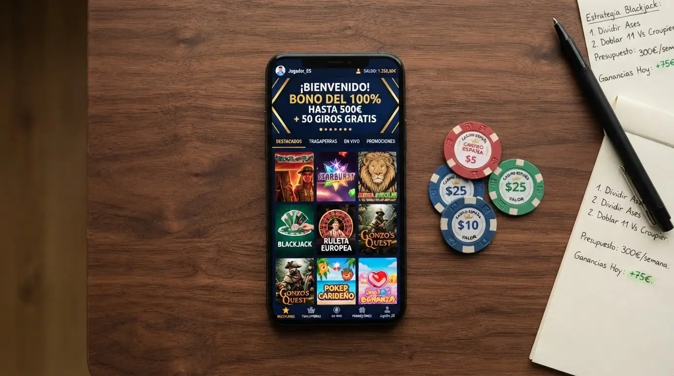 Vista cenital de un móvil sobre una mesa con la pantalla mostrando una tabla comparativa de casinos junto a fichas de póker