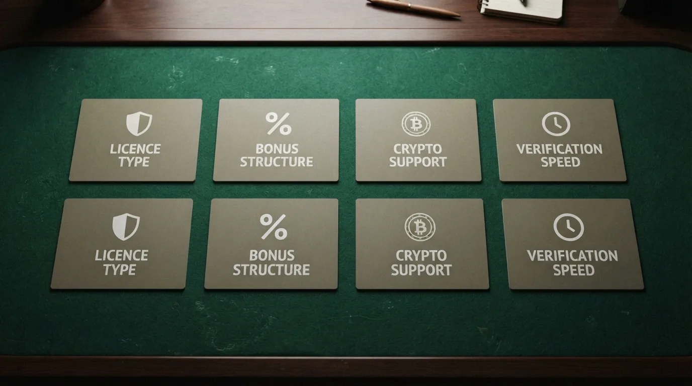 Filas de tarjetas con logotipos genéricos de casino alineadas sobre una tabla con columnas de licencia, bono y criptomonedas