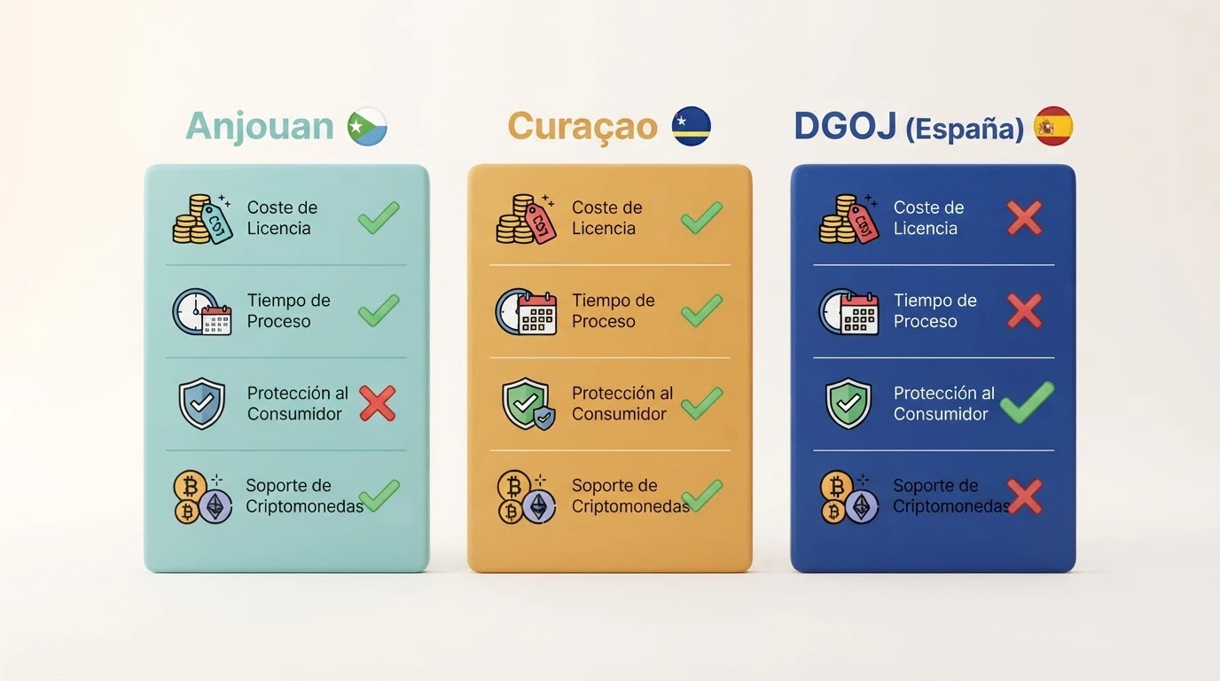 Tabla visual con las diferencias clave entre la licencia de Anjouan, la de Curaçao y la DGOJ española
