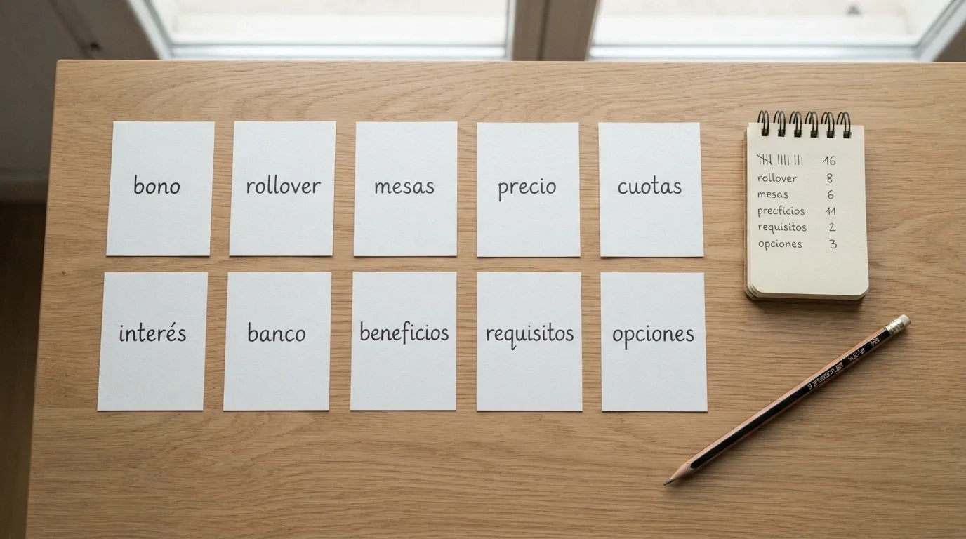 Una vista cenital de un escritorio con diez tarjetas ordenadas, cada una con el logotipo de un operador DGOJ y un breve distintivo (bono, rollover o rasgo propio) escrito a mano debajo